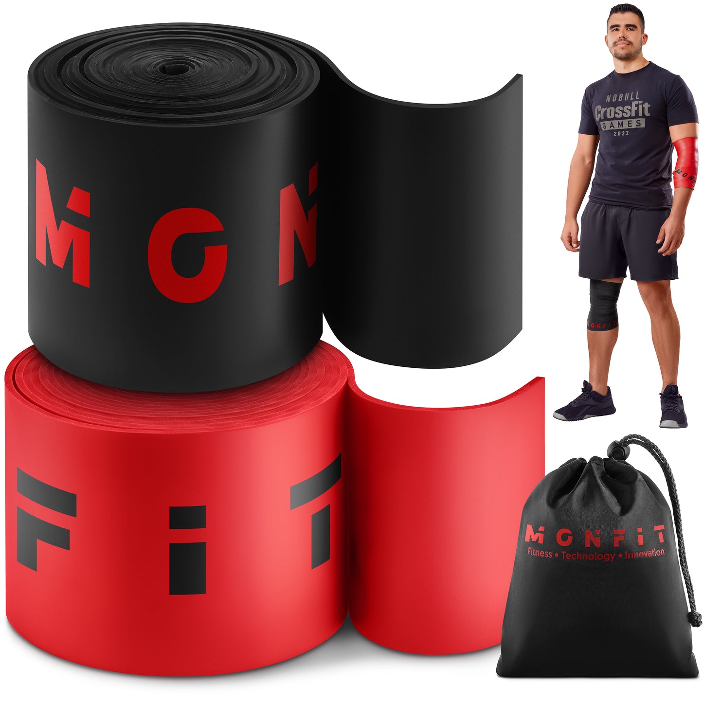 Close-up of MONFIT natural latex muscle floss band wrapped around arm and knee