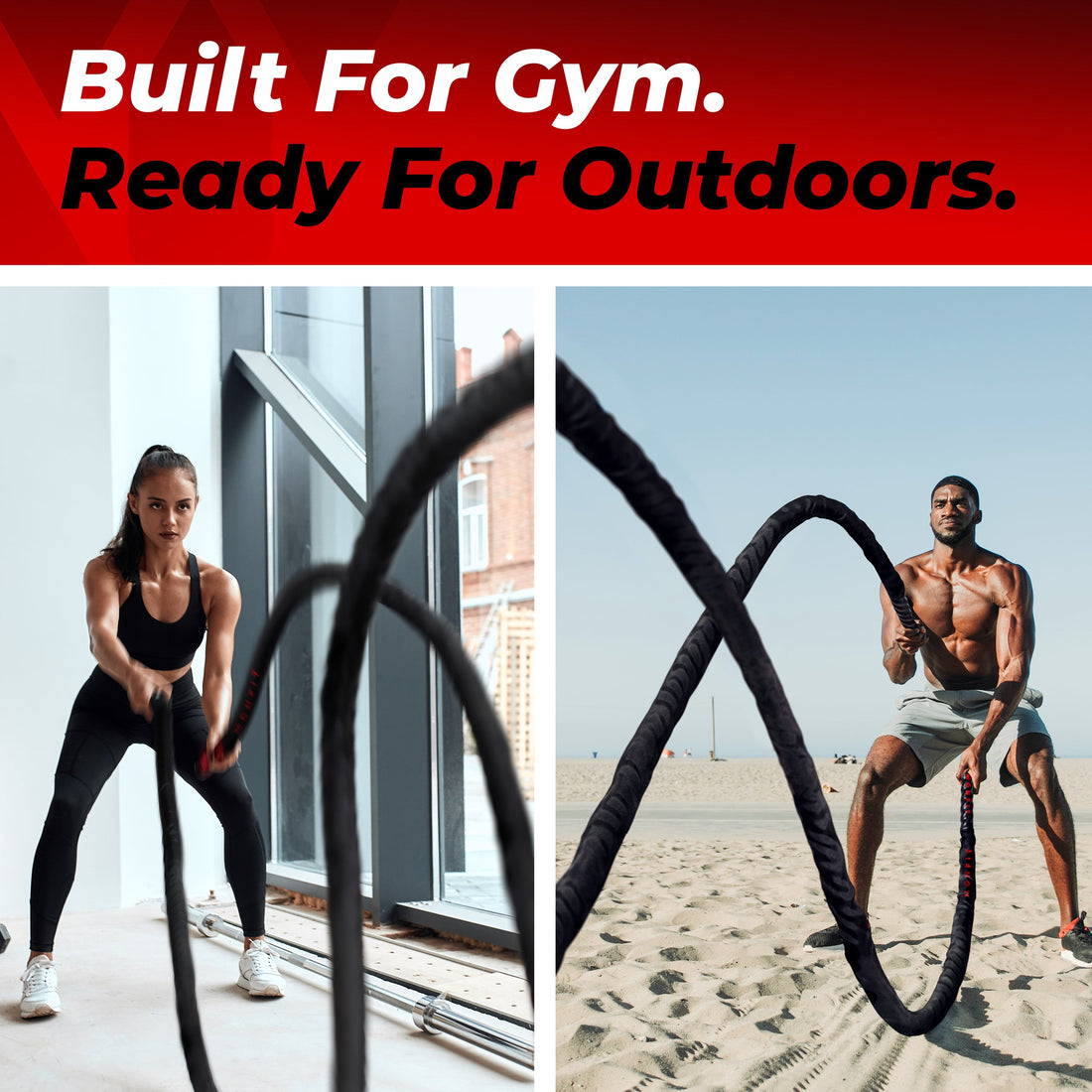 Woman using MONFIT battle ropes indoors and man training outdoors on the beach, demonstrating versatile indoor and outdoor workout use