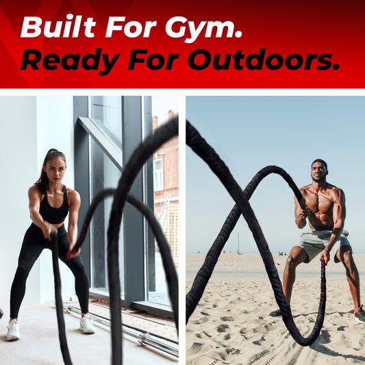 Woman using MONFIT battle ropes indoors and man training outdoors on the beach, demonstrating versatile indoor and outdoor workout use