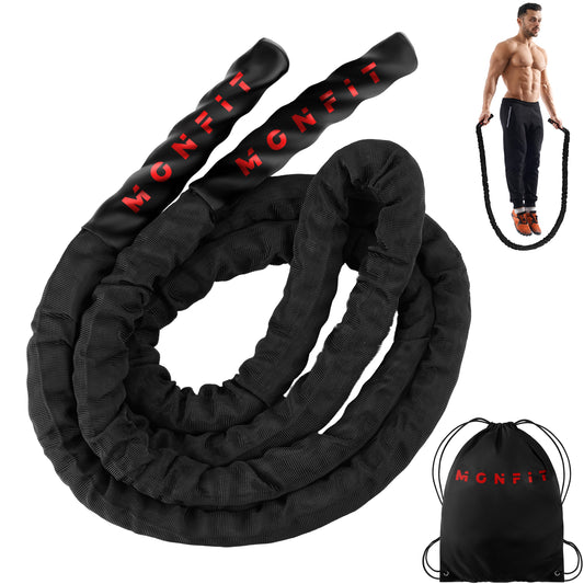 MONFIT Heavy Jump Rope, a weighted rope with a protective sleeve and textured heat-shrink handles