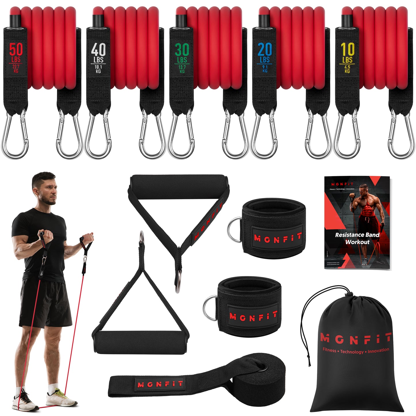 MONFIT resistance tube bands set with handles, ankle straps, door anchor, carry bag, and exercise eBook
