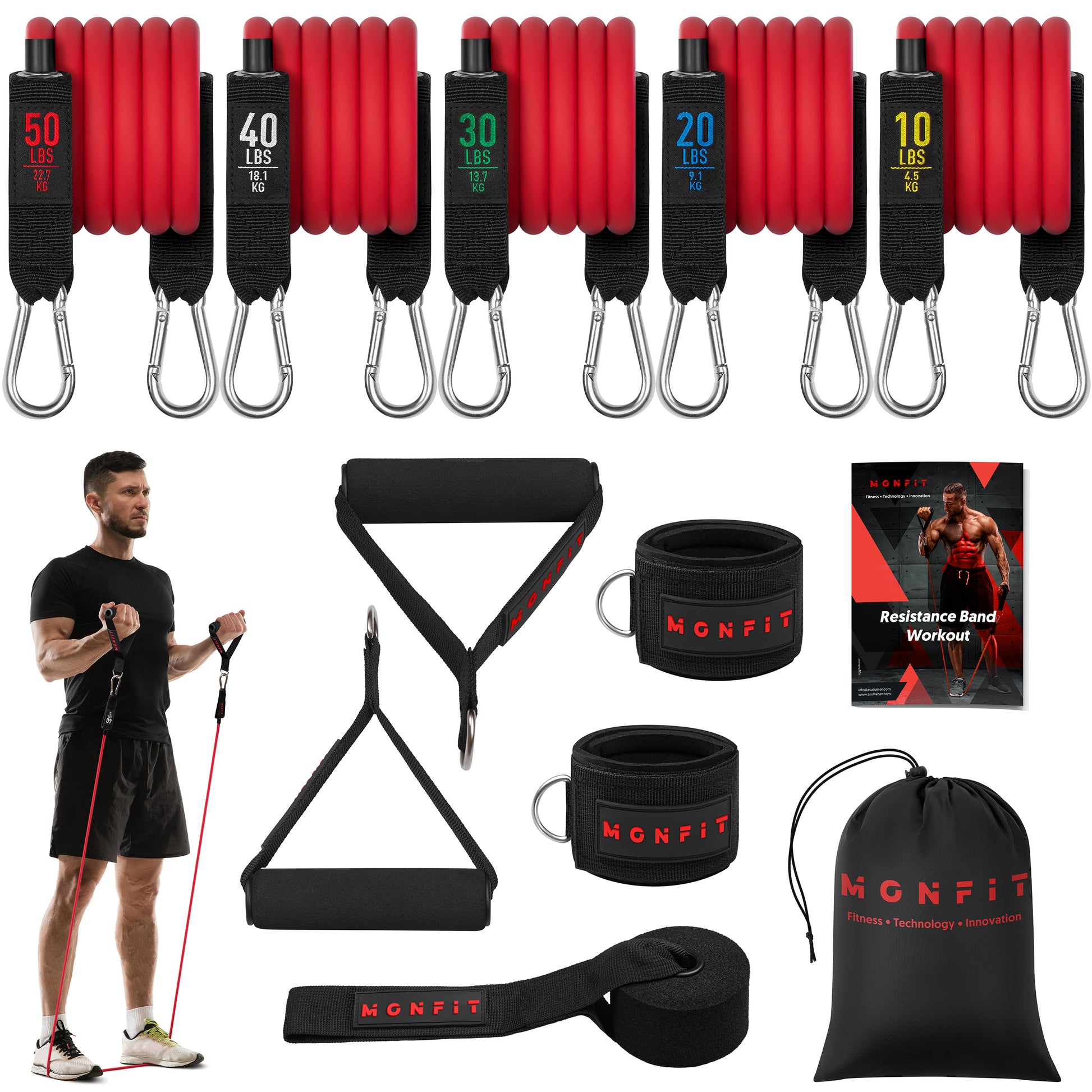 MONFIT resistance tube bands set with handles, ankle straps, door anchor, carry bag, and exercise eBook