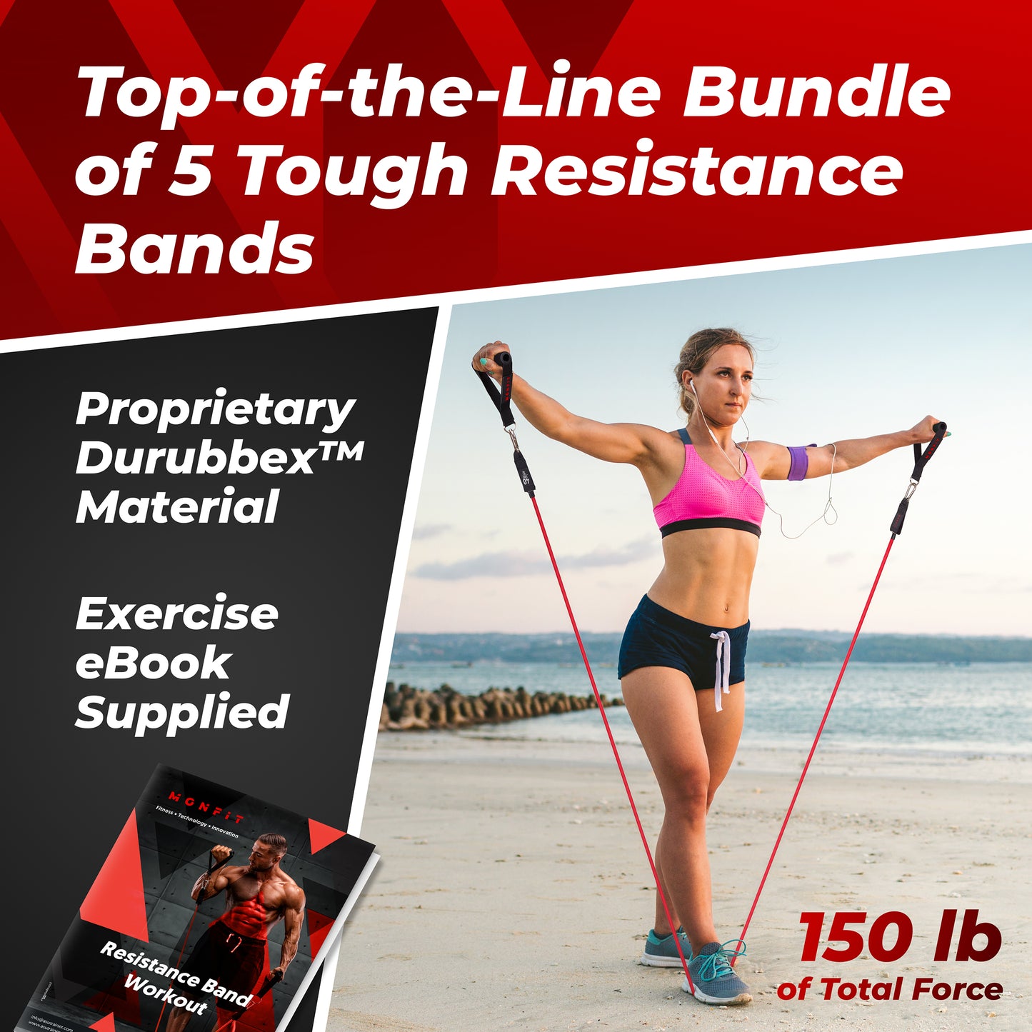 Woman training outdoors using MONFIT resistance tube bands with 150 lb total resistance
