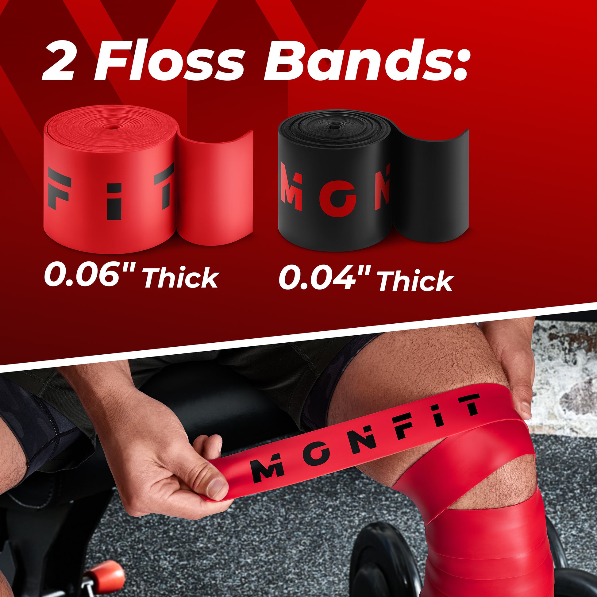 Man using MONFIT muscle floss bands on knees