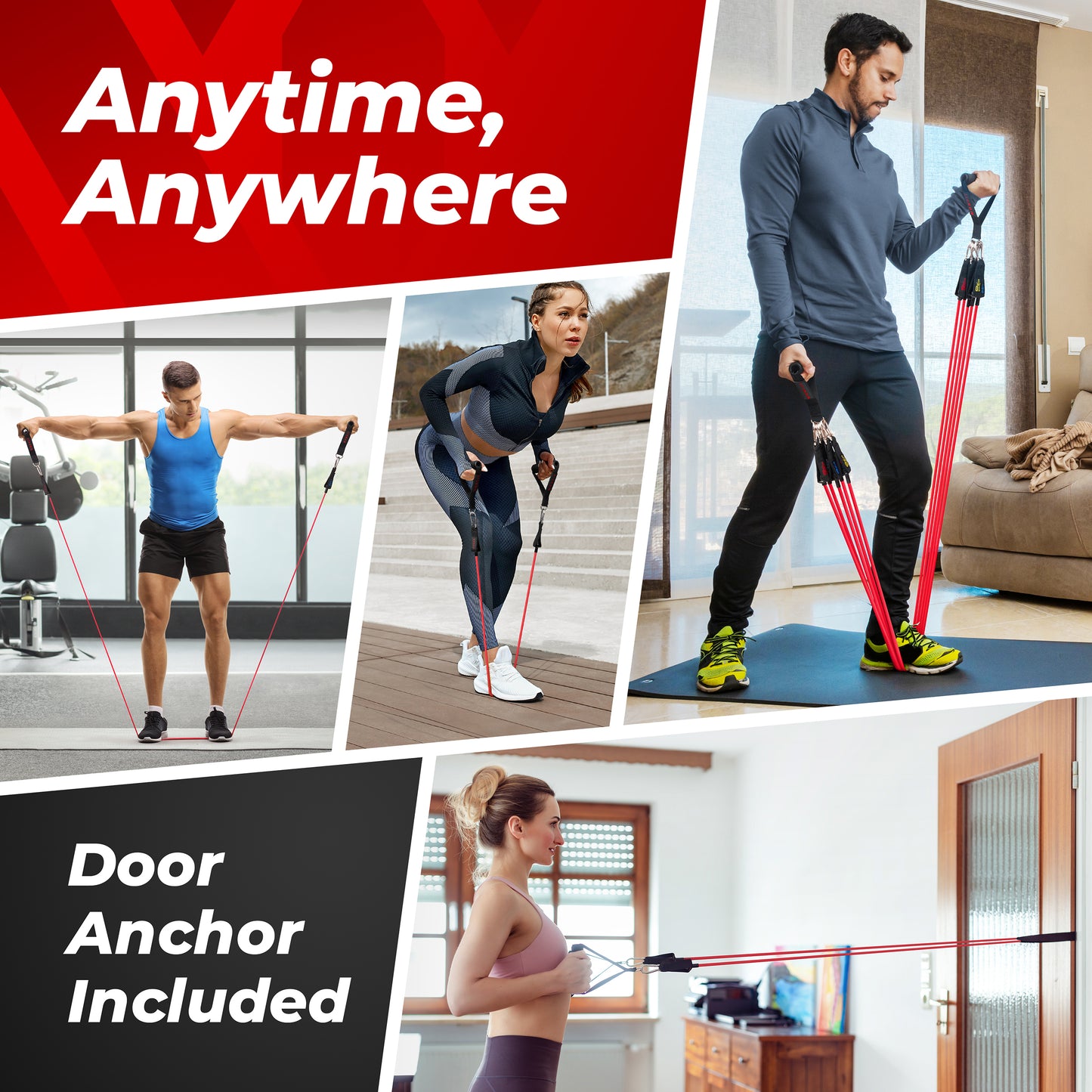 Men and women using MONFIT resistance tube bands for home and gym workouts with included door anchor