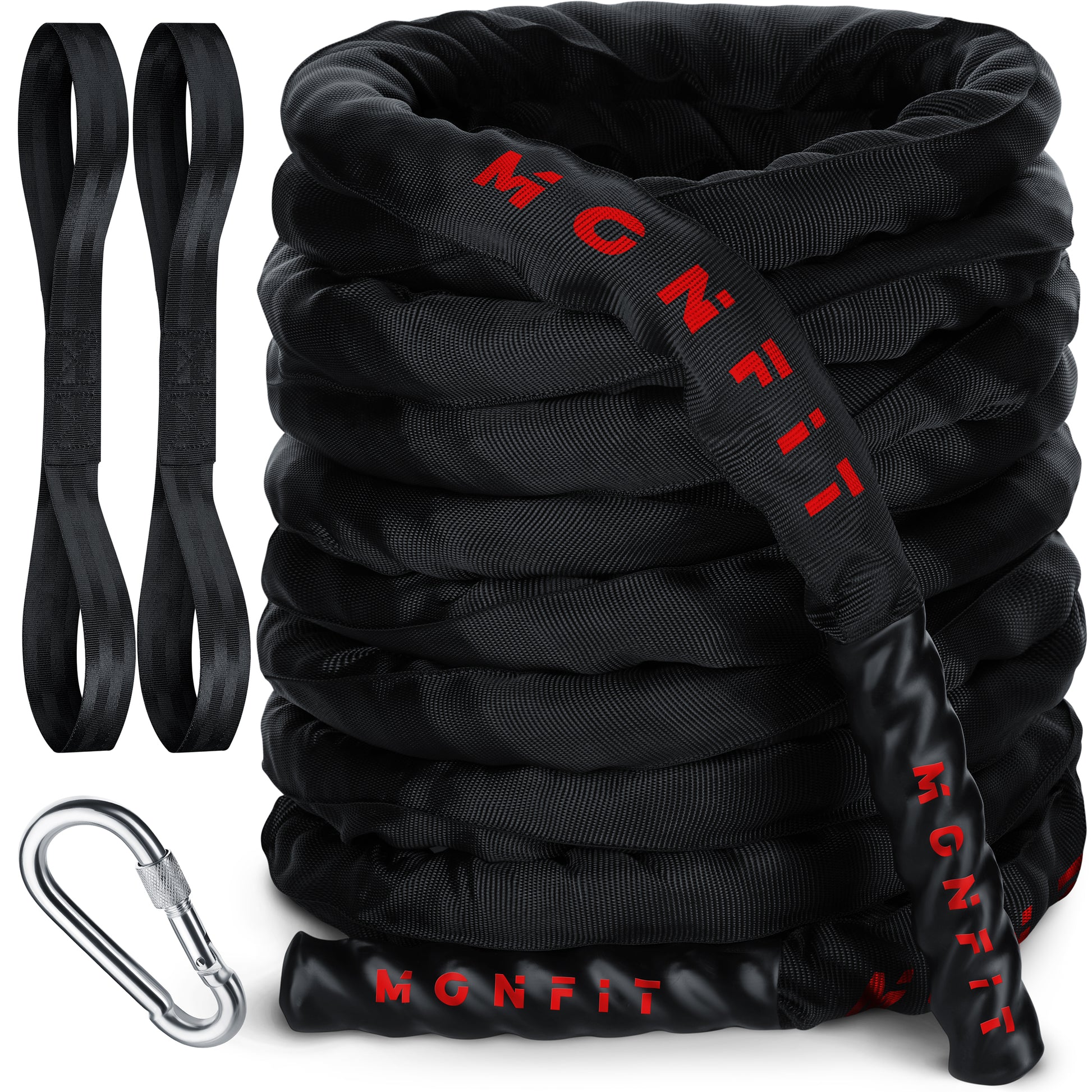MONFIT battle rope anchoring kit with stainless steel carabiner and reinforced nylon anchor straps for strength and conditioning workouts