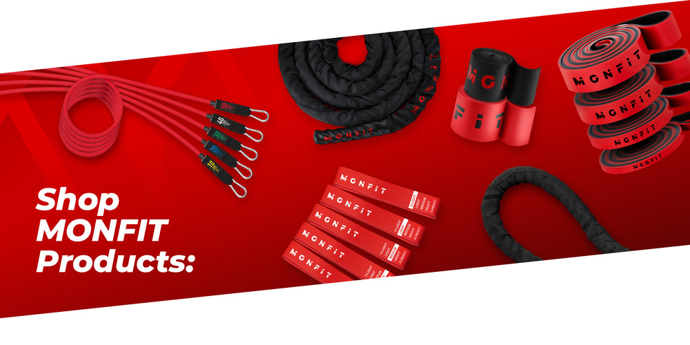 Shop MONFIT products — resistance bands, battle rope, jump rope, floss bands and recovery gear on a red editorial banner