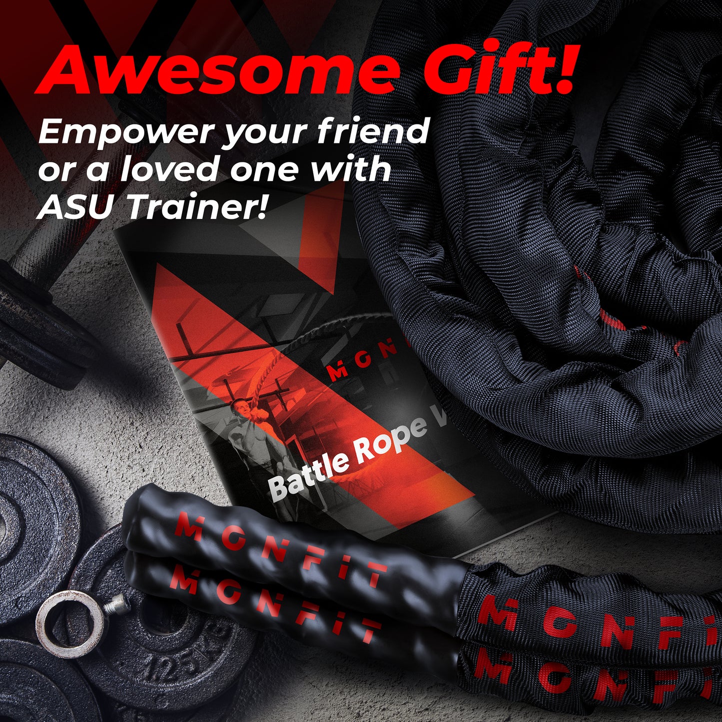 MONFIT battle rope handles and workout booklet displayed with gym weights and rope coils, presented as a fitness gift and training accessory set