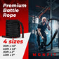Comparison image showing four MONFIT battle rope size options: 30 ft x 1.5 inch, 40 ft x 1.5 inch, 30 ft x 2 inch, and 40 ft x 2 inch with extended grip handles