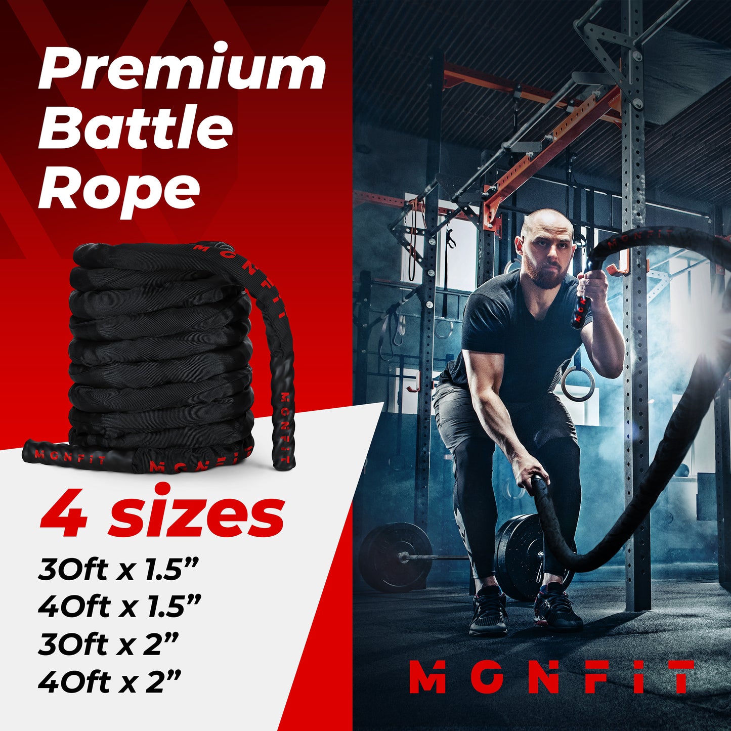 Comparison image showing four MONFIT battle rope size options: 30 ft x 1.5 inch, 40 ft x 1.5 inch, 30 ft x 2 inch, and 40 ft x 2 inch with extended grip handles