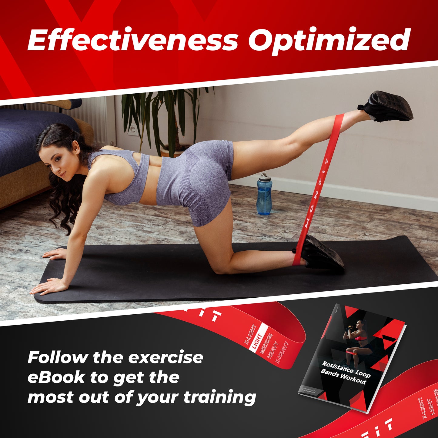Woman performing lower body resistance training with MONFIT loop bands and workout guide eBook