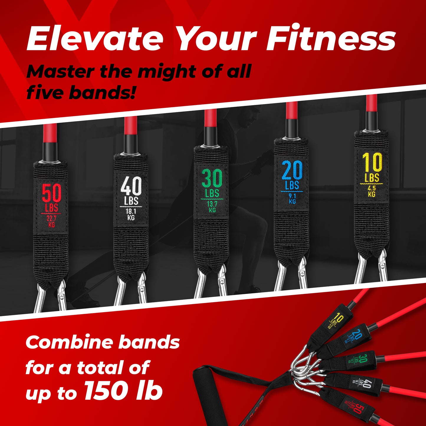 MONFIT resistance tube bands with five adjustable resistance levels up to 150 lb total force