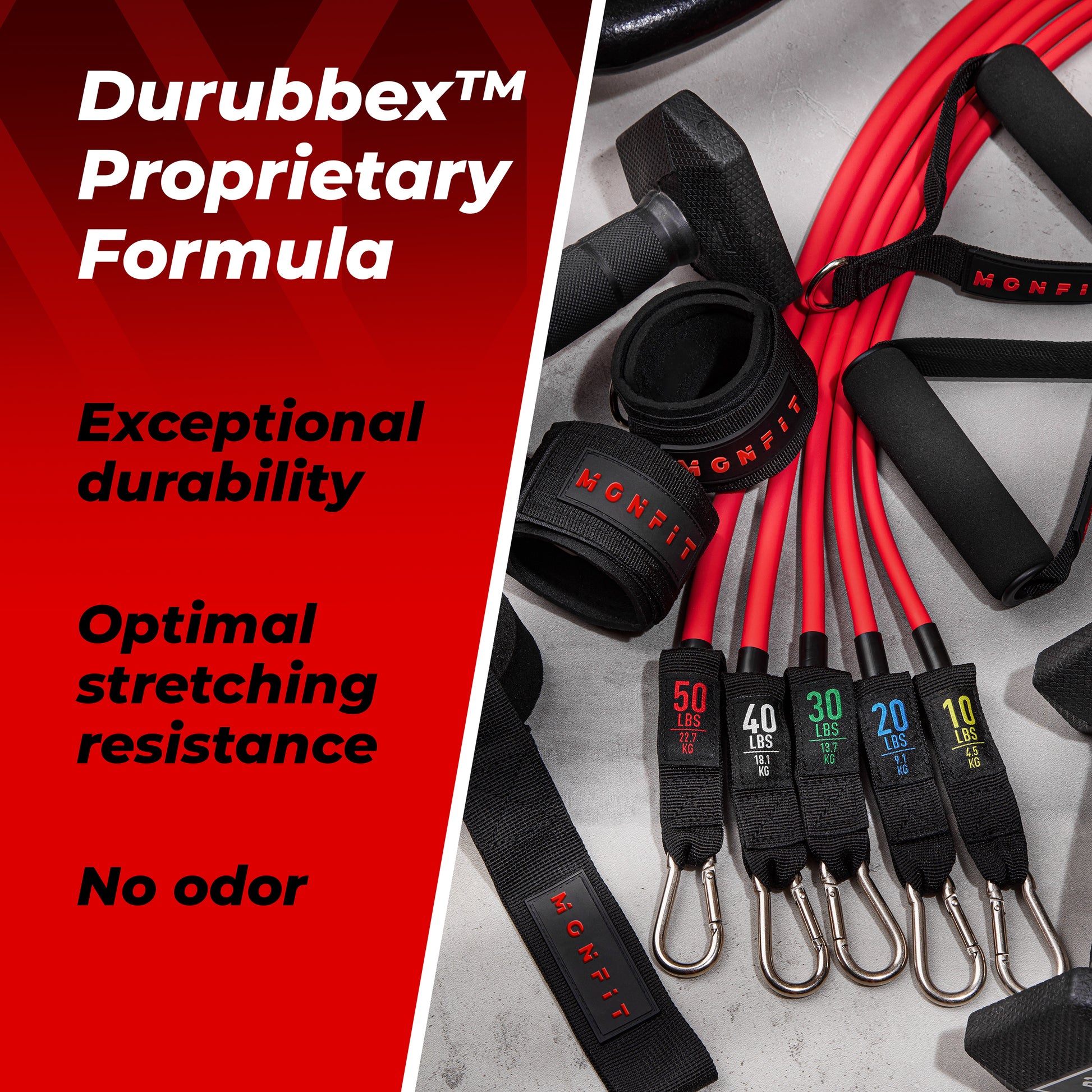 Complete MONFIT resistance tube bands set including handles, door anchor, ankle straps, and storage bag