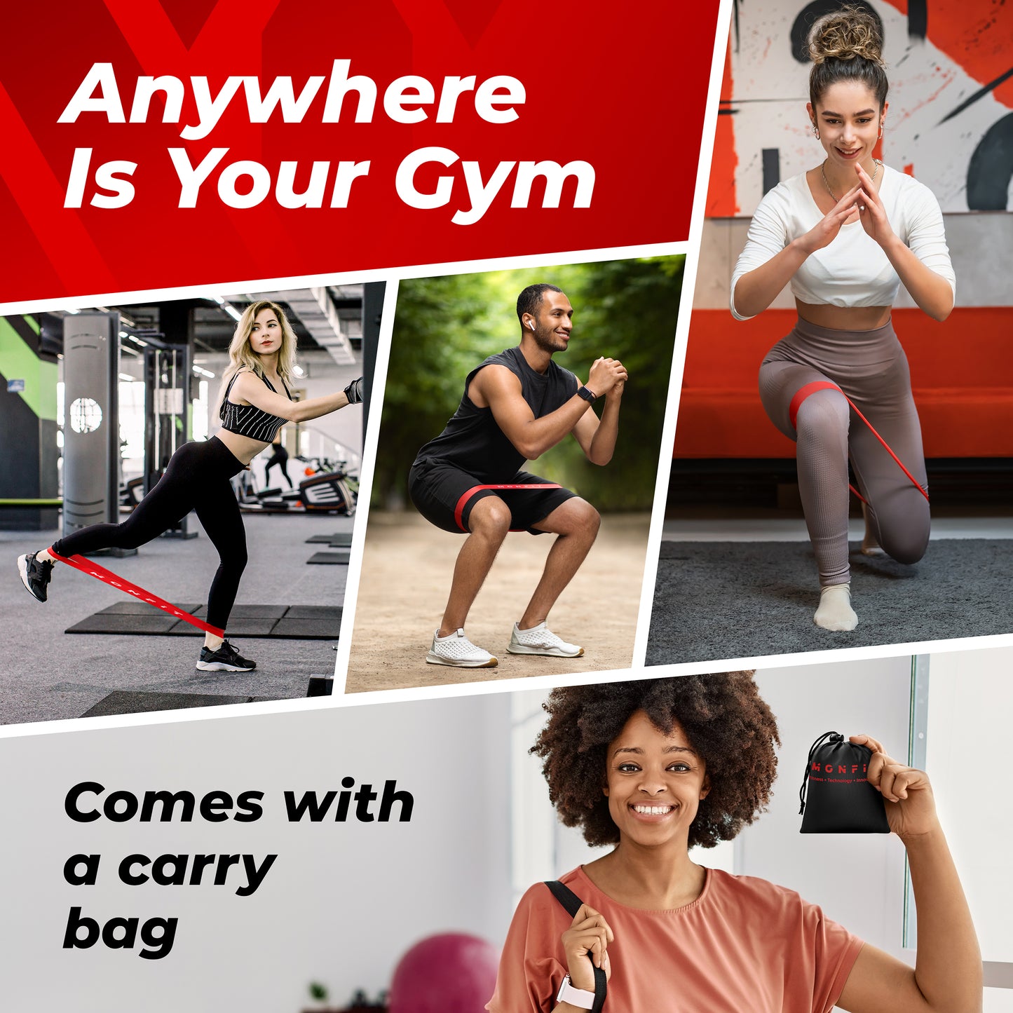 People training with MONFIT resistance loop bands for lower body workouts, mobility exercises, and home fitness routines