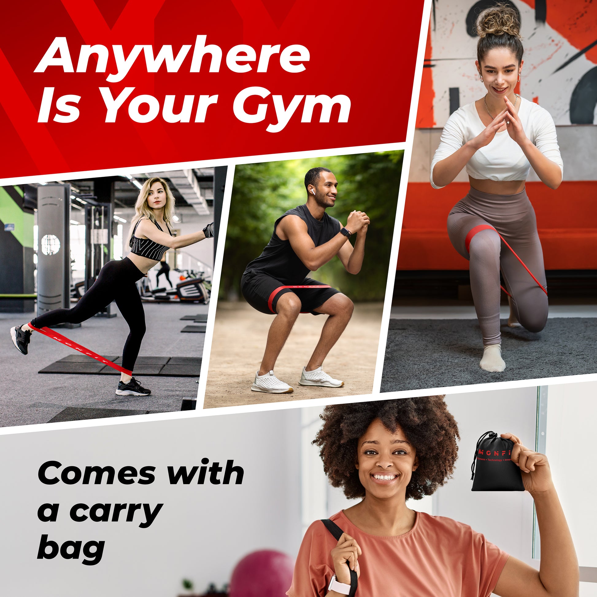 People training with MONFIT resistance loop bands for lower body workouts, mobility exercises, and home fitness routines