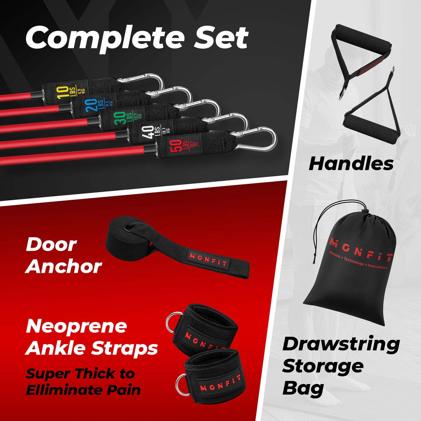 Complete MONFIT resistance tube bands set including handles, door anchor, ankle straps, and storage bag