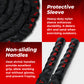 Coiled MONFIT heavy-duty battle rope with protective sleeve, heat-shrink handles, two anchor straps, and stainless steel carabiner on white background