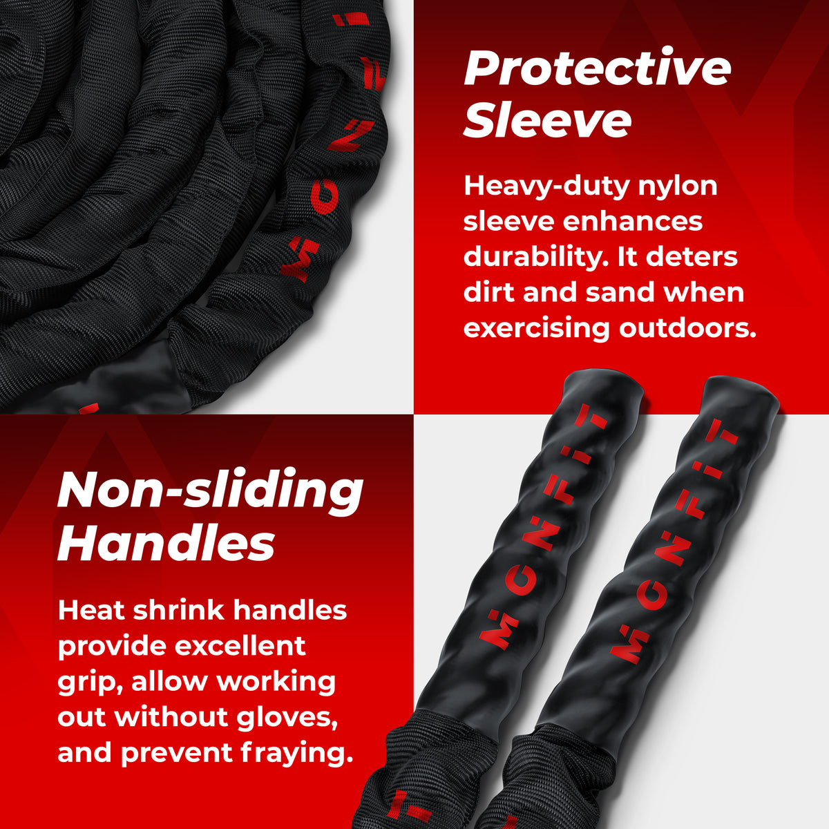 MONFIT Battle Rope: Poly Dacron core in a protective nylon sleeve with heat-shrink handles