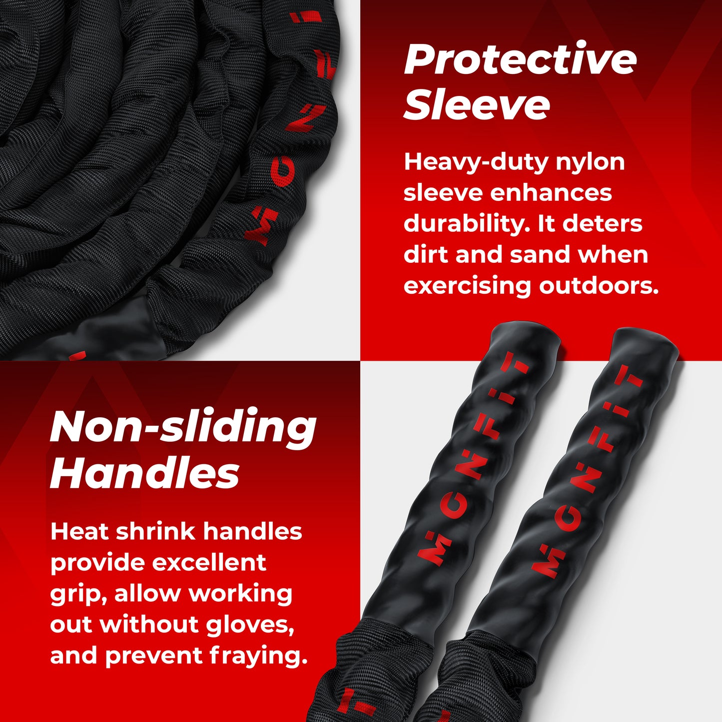 Coiled MONFIT heavy-duty battle rope with protective sleeve, heat-shrink handles, two anchor straps, and stainless steel carabiner on white background